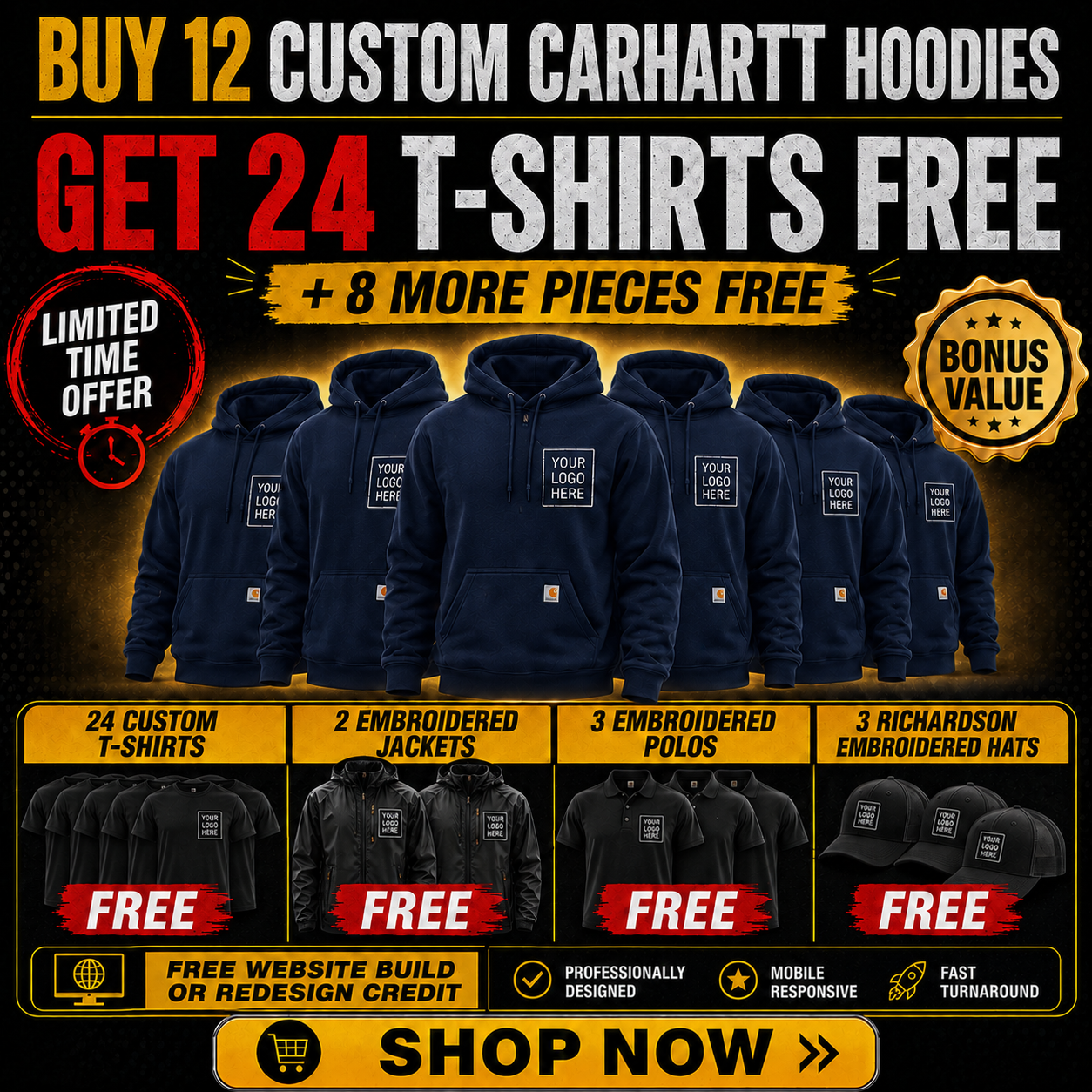 Buy 12 Carhartt Hoodies, Get 24 T-Shirts + 3 Polos + 3 Hats +2 Jackets FREE $1795| Free Shipping