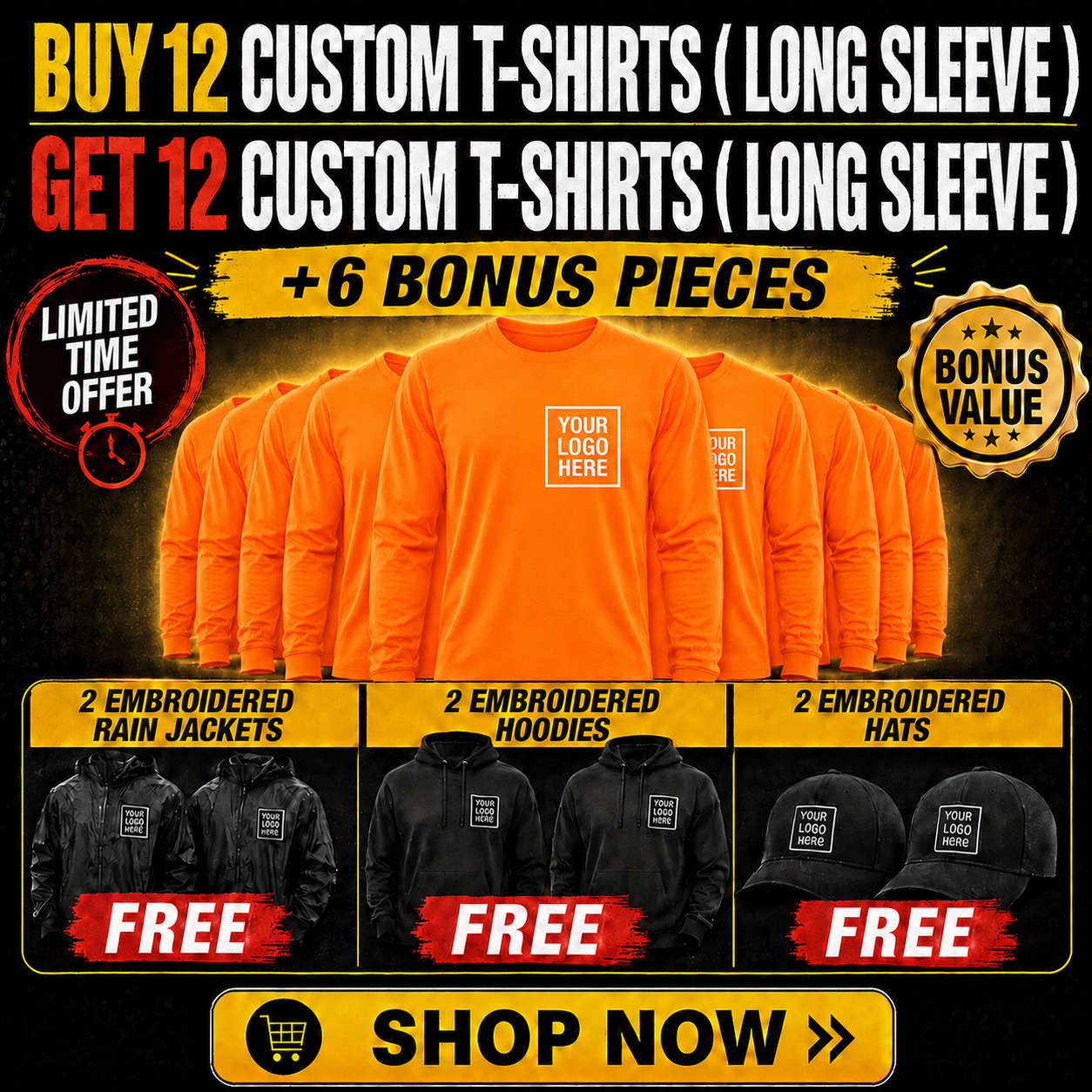 Buy 12 Custom Long Sleeve T-Shirts, Get 12 FREE + 6 Bonus Pieces | 30 Pieces of Custom Team Gear ($800 Value) — $649 | Free Shipping