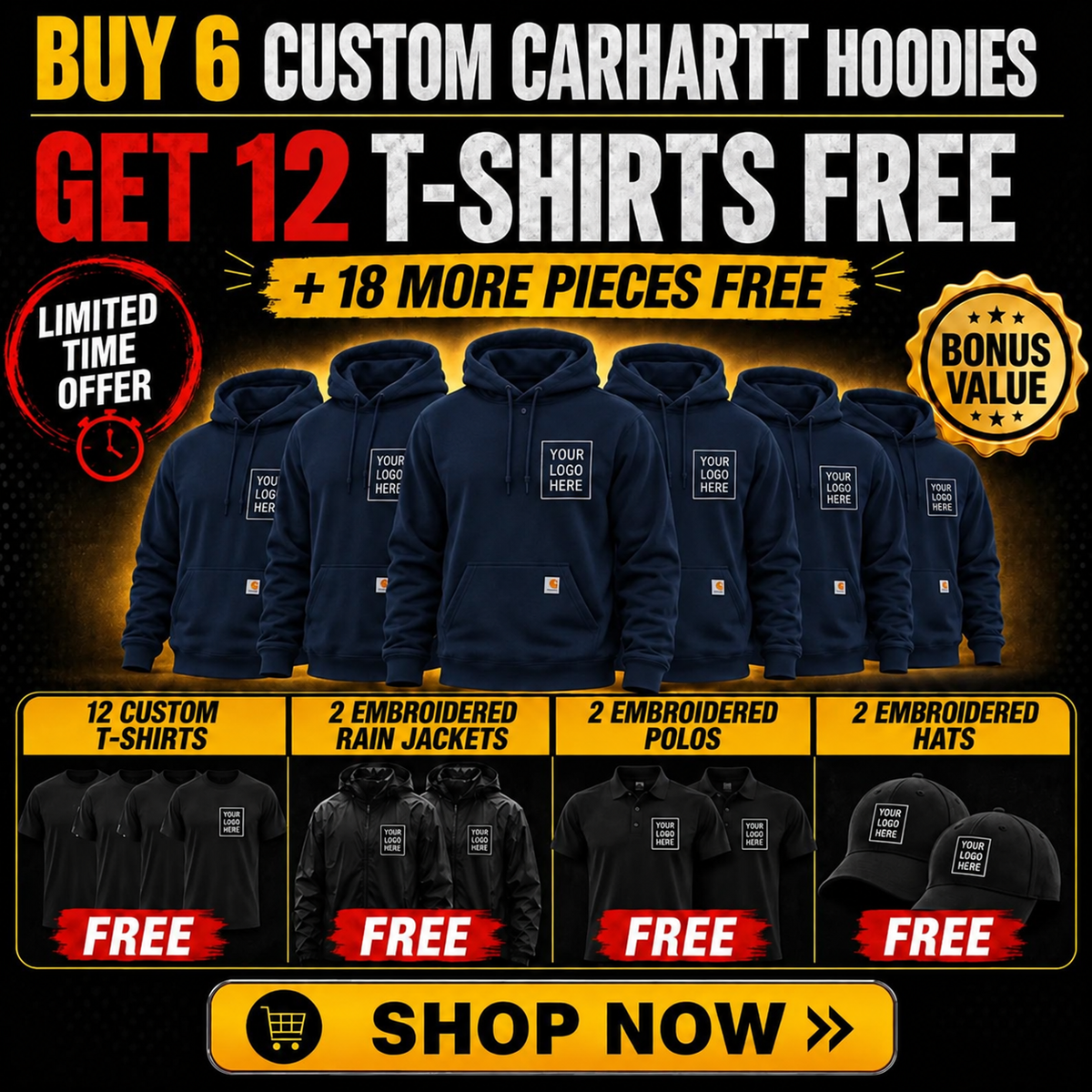 Buy 6 Carhartt Hoodies, Get 12 T-Shirts + 2 Polos + 2 Hats +2 Jackets FREE $895| Free Shipping