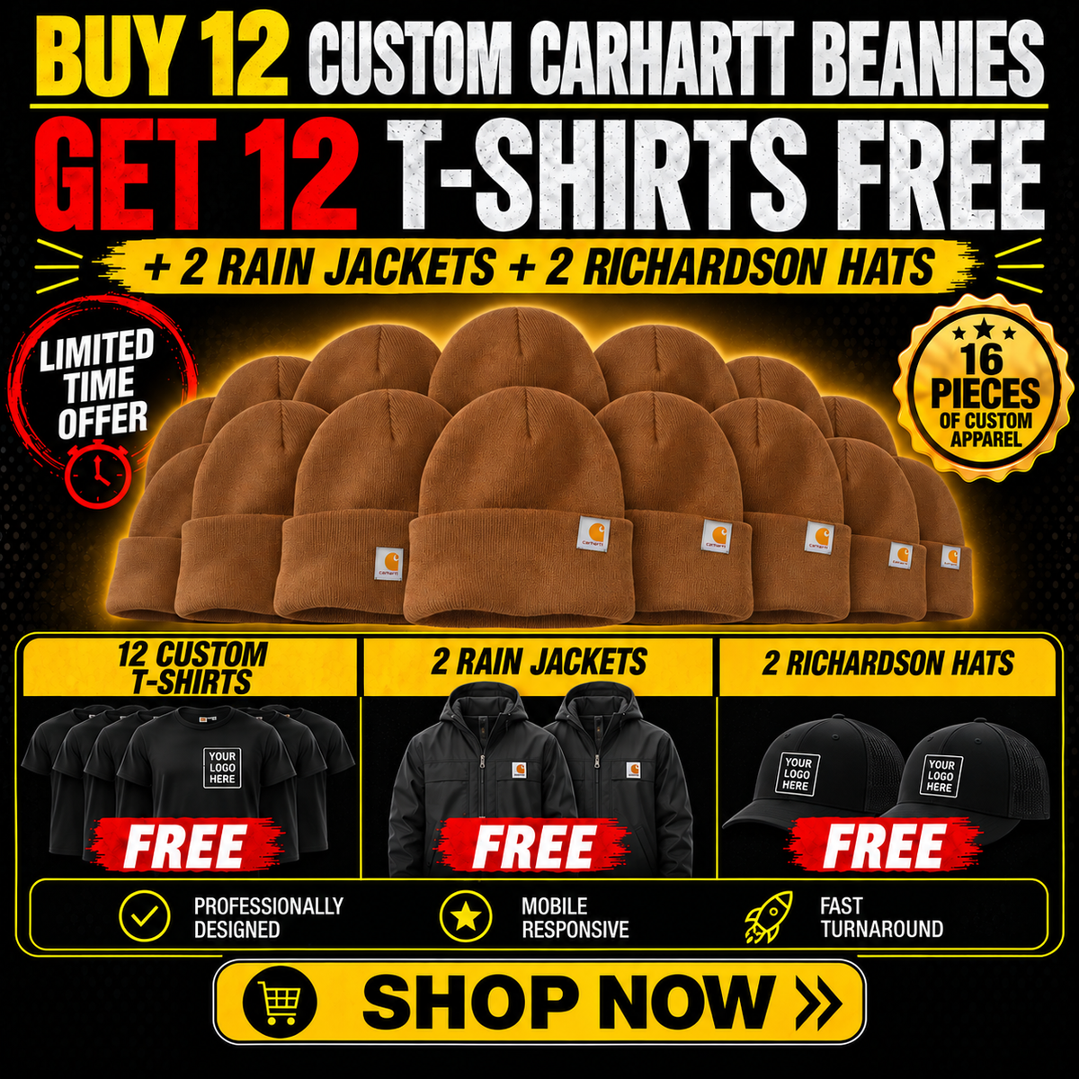 Buy 12 Custom Carhartt Beanies, Get 12 T-Shirts FREE +2 Rain Jackets +2 Richardson Hats | 28 Pieces of Custom Apparel $695| Free Shipping