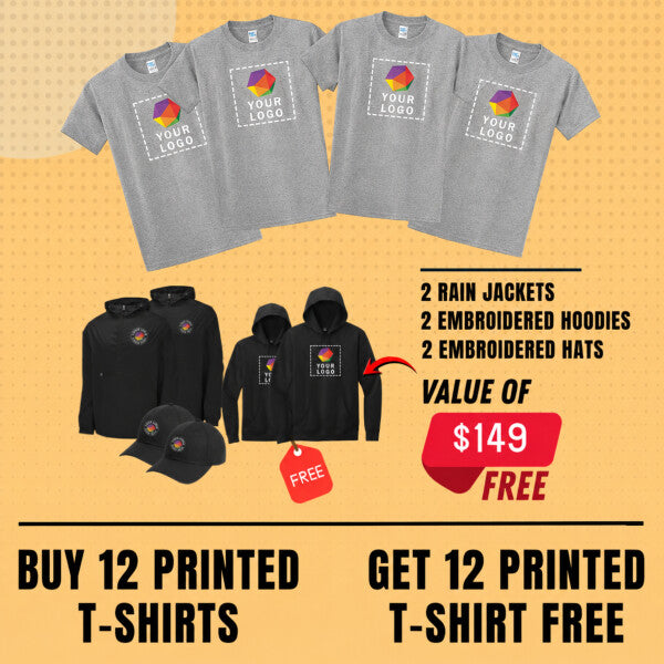 Buy 12 Get 12 Custom T-shirts Free + 2 Custom Embroidered Rain Jackets, 2 Embroidered Hoodies And 2 Embroidered Hats FREE