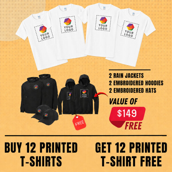 Buy 12 Get 12 Custom T-shirts Free + 2 Custom Embroidered Rain Jackets, 2 Embroidered Hoodies And 2 Embroidered Hats FREE