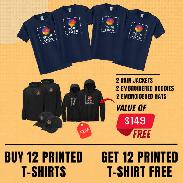 Buy 12 Get 12 Custom T-shirts Free + 2 Custom Embroidered Rain Jackets, 2 Embroidered Hoodies And 2 Embroidered Hats FREE