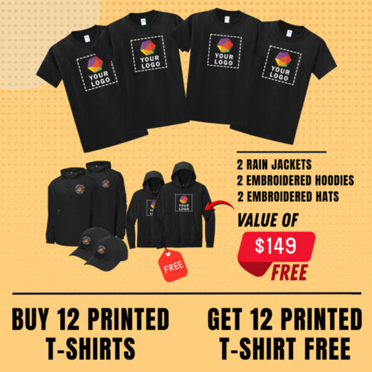 Buy 12 Get 12 Custom T-shirts Free + 2 Custom Embroidered Rain Jackets, 2 Embroidered Hoodies And 2 Embroidered Hats FREE