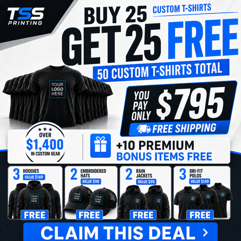 Buy 25 shirts. Get 25 free. + 10 more pieces + Free Shipping