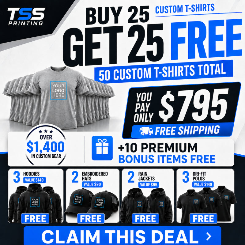 Buy 25 shirts. Get 25 free. + 10 more pieces + Free Shipping