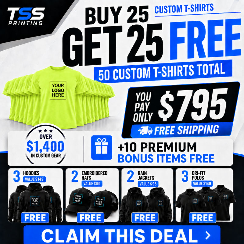 Buy 25 shirts. Get 25 free. + 10 more pieces + Free Shipping