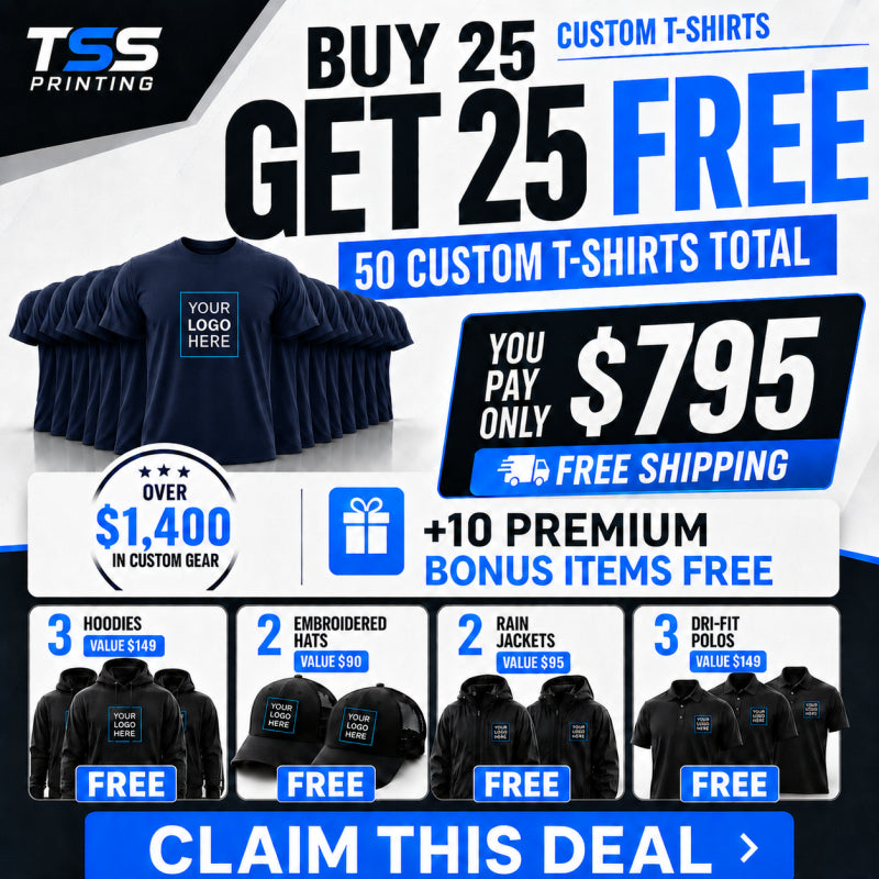 Buy 25 shirts. Get 25 free. + 10 more pieces + Free Shipping