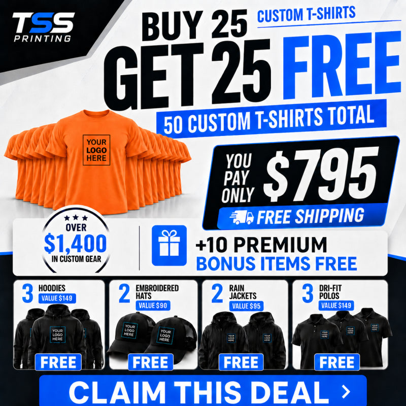 Buy 25 shirts. Get 25 free. + 10 more pieces + Free Shipping