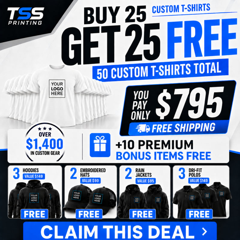 Buy 25 shirts. Get 25 free. + 10 more pieces + Free Shipping