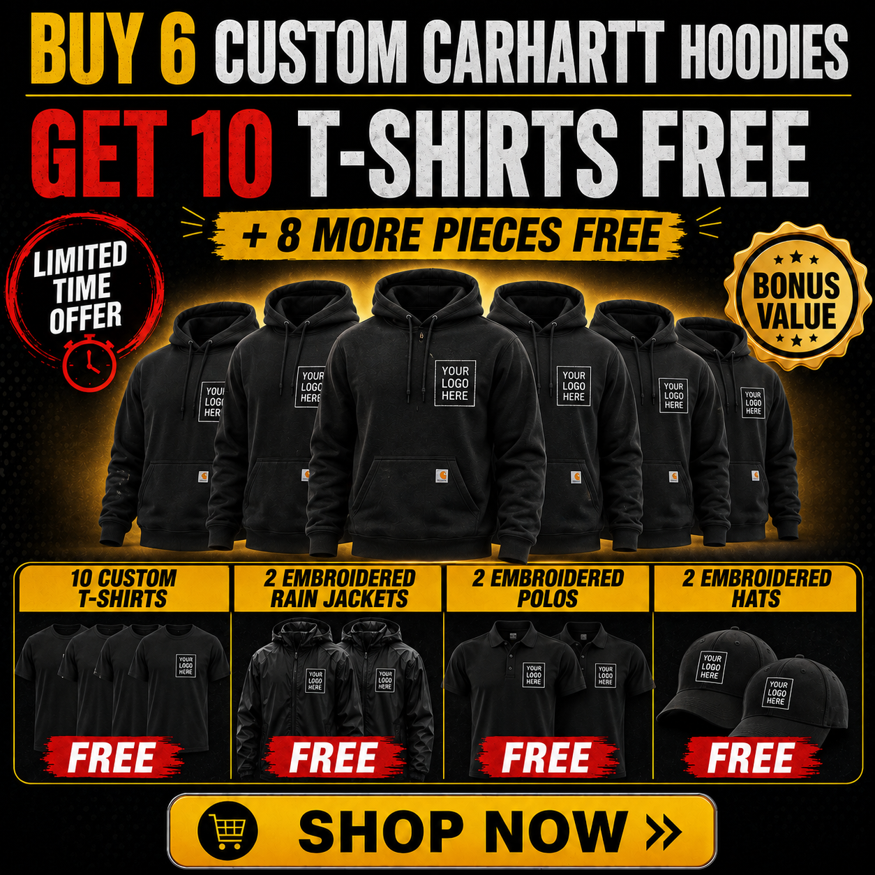 Buy 6 Carhartt Hoodies, Get 10 T-Shirts + 2 Polos + 2 Hats +2 Jackets FREE $895| Free Shipping