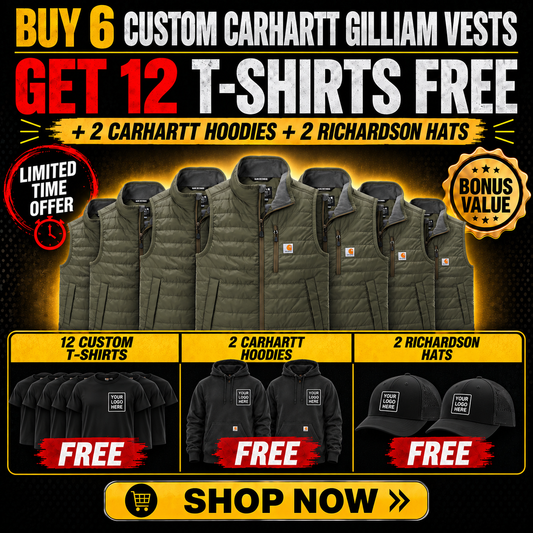 Buy 12 Custom Carhartt Vest, Get 12 T-Shirts FREE +2 carhartt Hoodies +2 Richardson Hats | 16 Pieces of Custom Apparel $1095 | Free Shipping