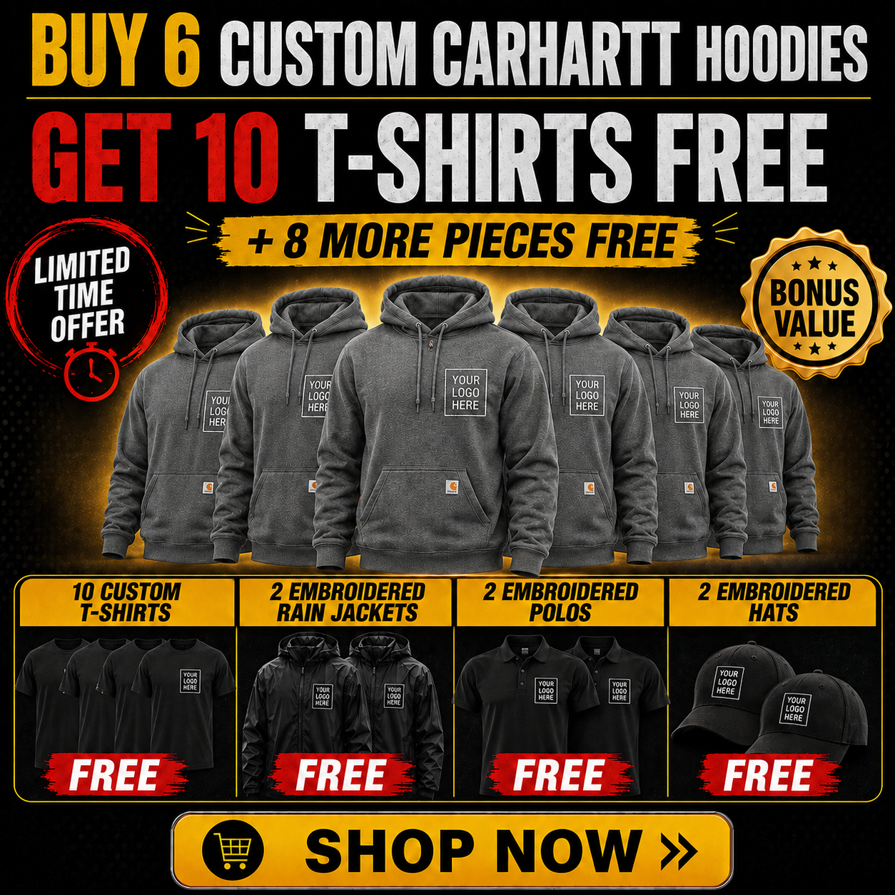 Buy 6 Carhartt Hoodies, Get 10 T-Shirts + 2 Polos + 2 Hats +2 Jackets FREE $895| Free Shipping