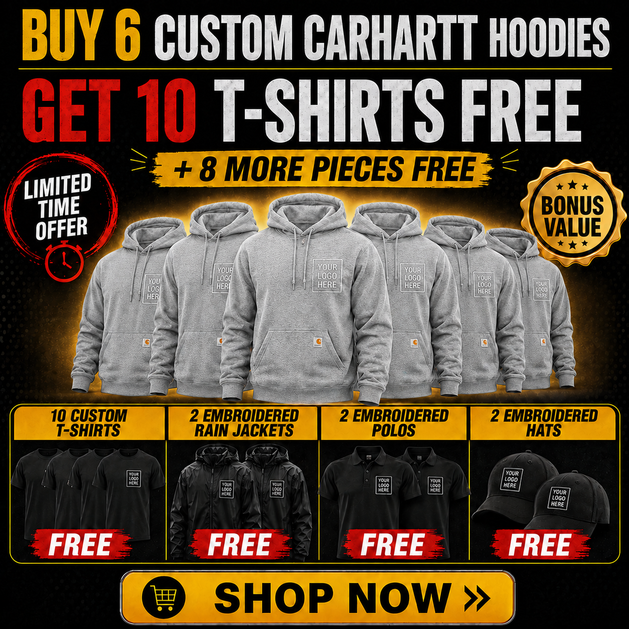 Buy 6 Carhartt Hoodies, Get 10 T-Shirts + 2 Polos + 2 Hats +2 Jackets FREE $895| Free Shipping