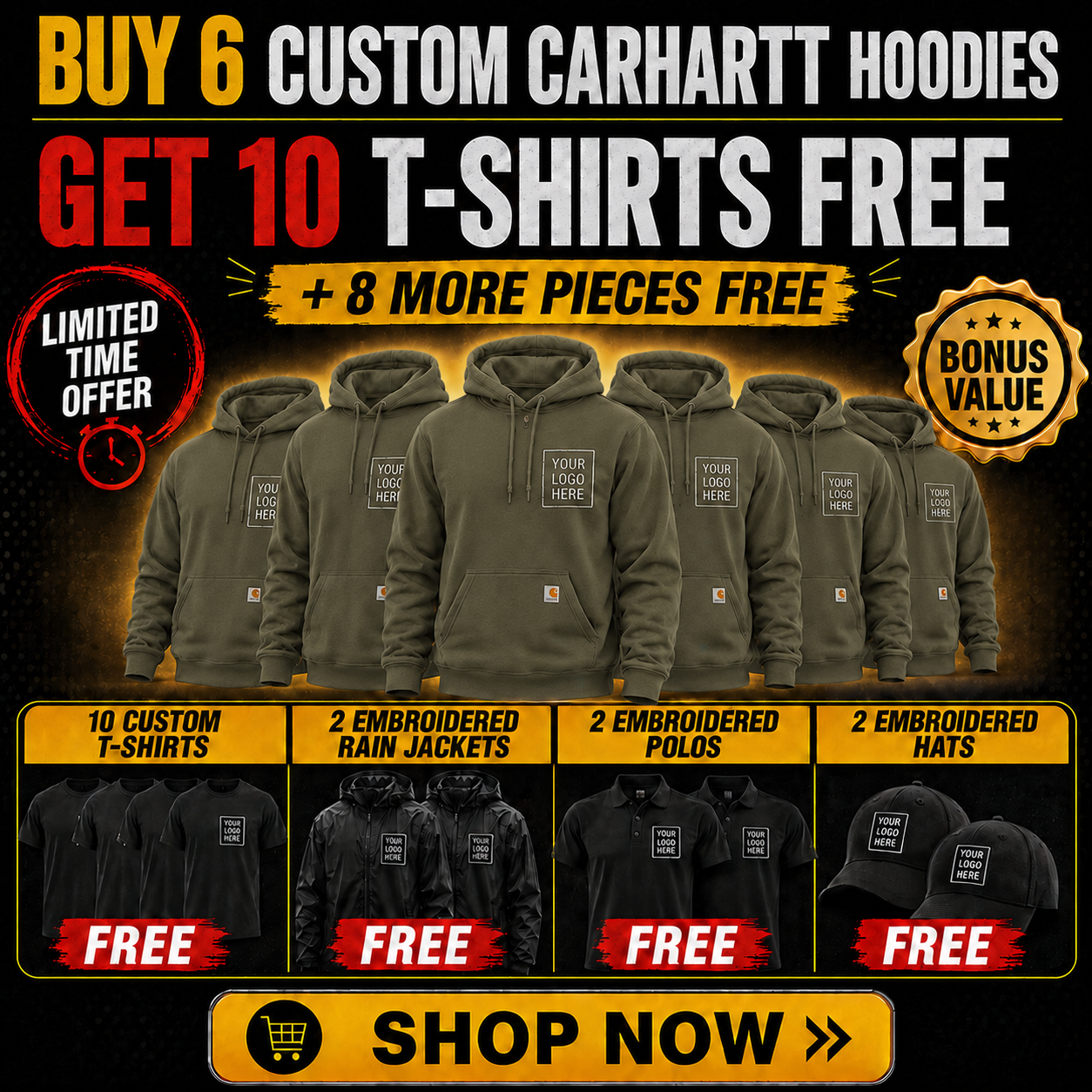 Buy 6 Carhartt Hoodies, Get 10 T-Shirts + 2 Polos + 2 Hats +2 Jackets FREE $895| Free Shipping