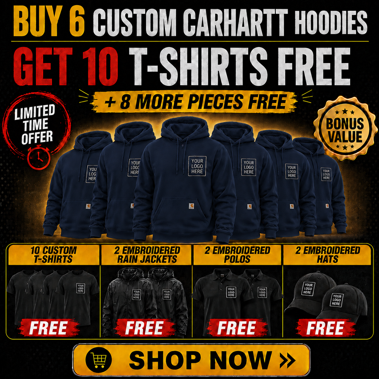 Buy 6 Carhartt Hoodies, Get 10 T-Shirts + 2 Polos + 2 Hats +2 Jackets FREE $895| Free Shipping