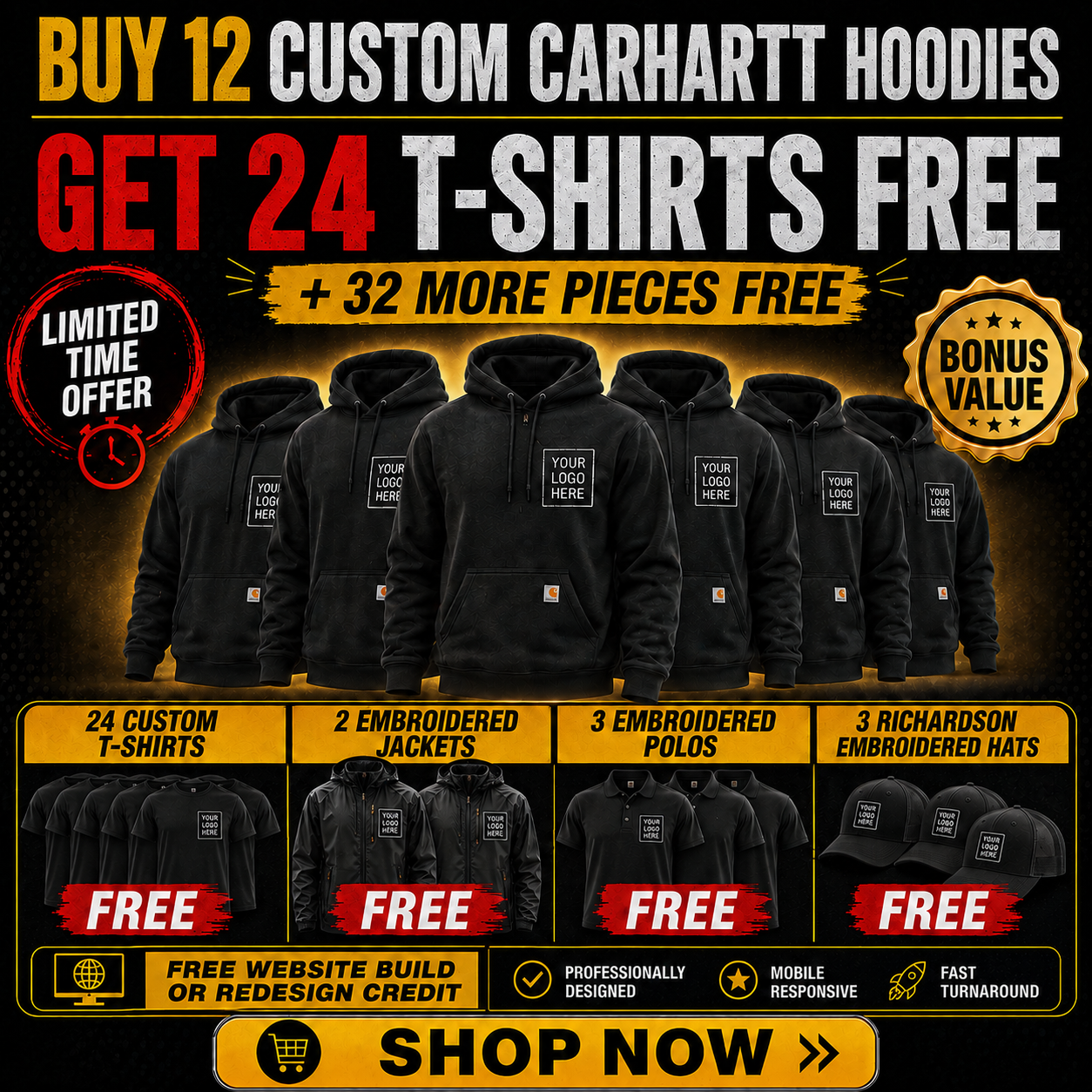 Buy 12 Carhartt Hoodies, Get 24 T-Shirts + 3 Polos + 3 Hats +2 Jackets FREE $1795| Free Shipping