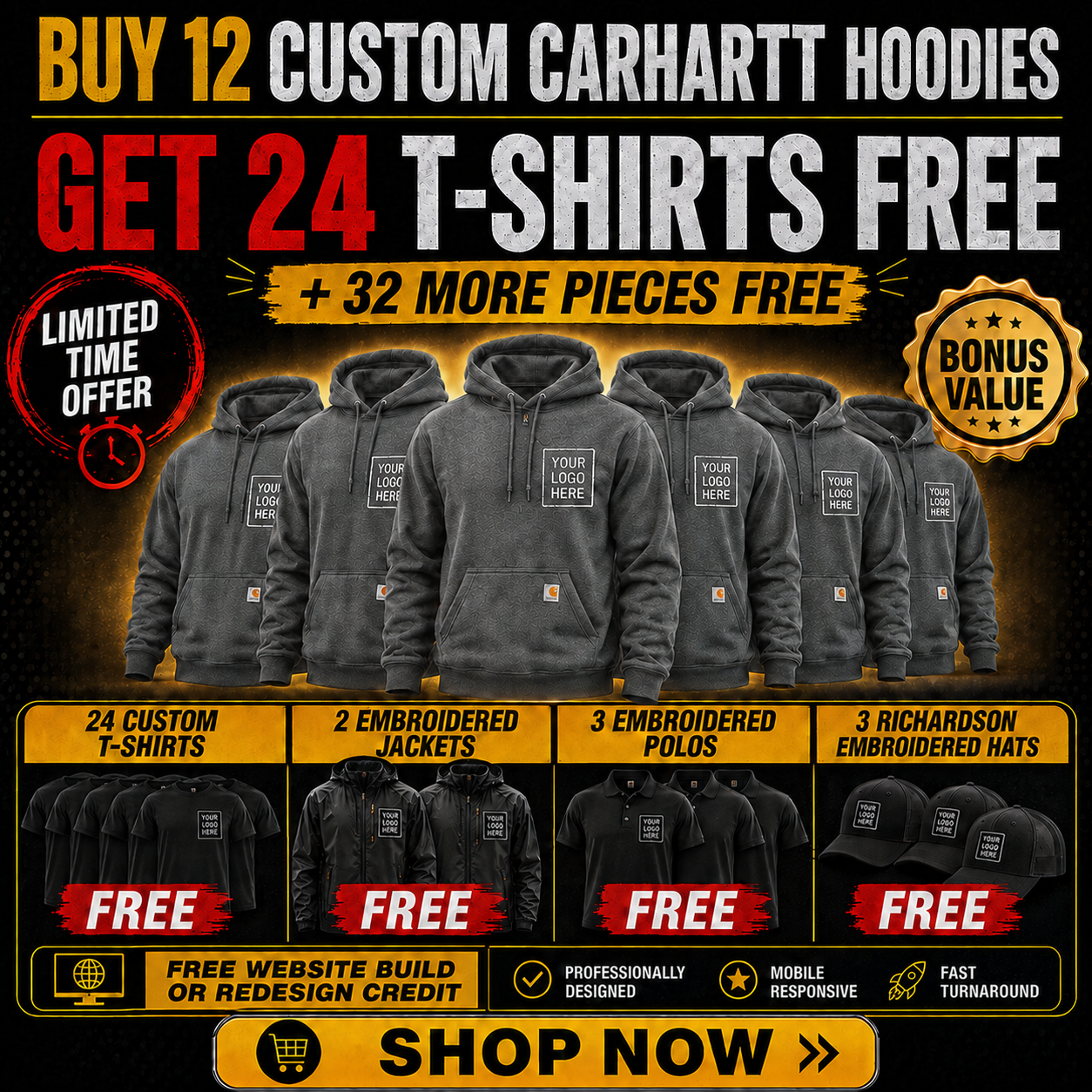 Buy 12 Carhartt Hoodies, Get 24 T-Shirts + 3 Polos + 3 Hats +2 Jackets FREE $1795| Free Shipping