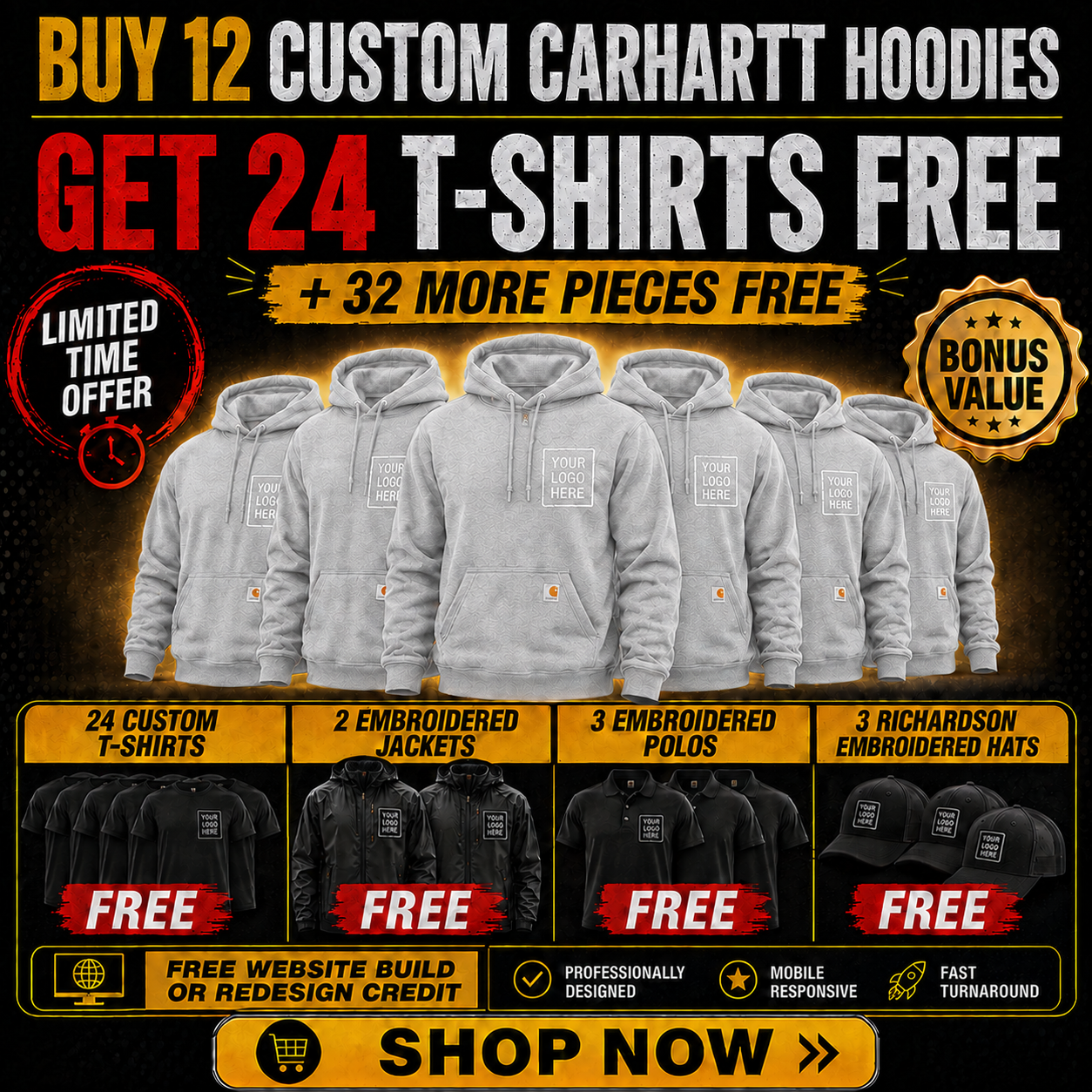 Buy 12 Carhartt Hoodies, Get 24 T-Shirts + 3 Polos + 3 Hats +2 Jackets FREE $1795| Free Shipping