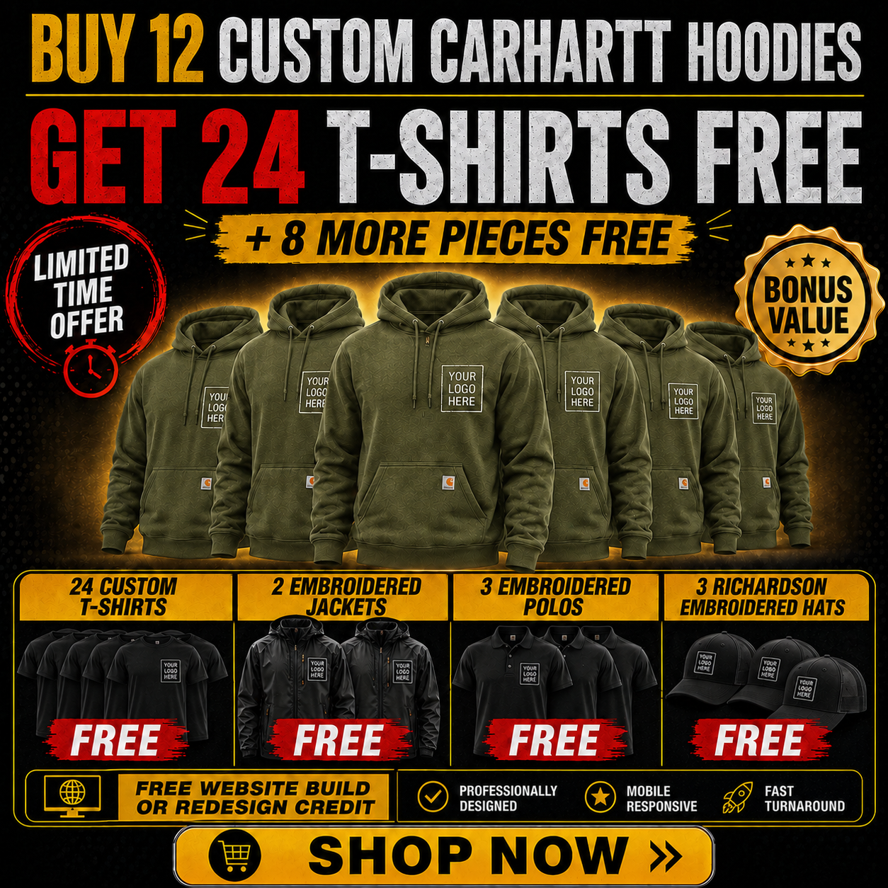 Buy 12 Carhartt Hoodies, Get 24 T-Shirts + 3 Polos + 3 Hats +2 Jackets FREE $1795| Free Shipping