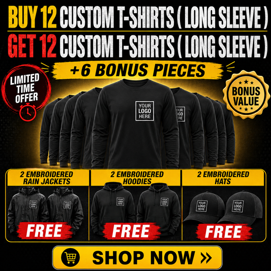 Buy 12 Custom Long Sleeve T-Shirts, Get 12 FREE + 6 Bonus Pieces | 30 Pieces of Custom Team Gear ($1200 Value) — $685 | Free Shipping