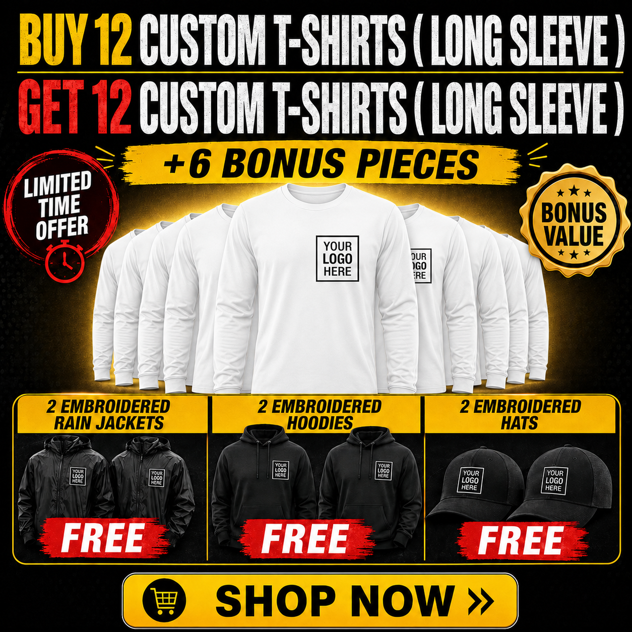 Buy 12 Custom Long Sleeve T-Shirts, Get 12 FREE + 6 Bonus Pieces | 30 Pieces of Custom Team Gear ($800 Value) — $649 | Free Shipping