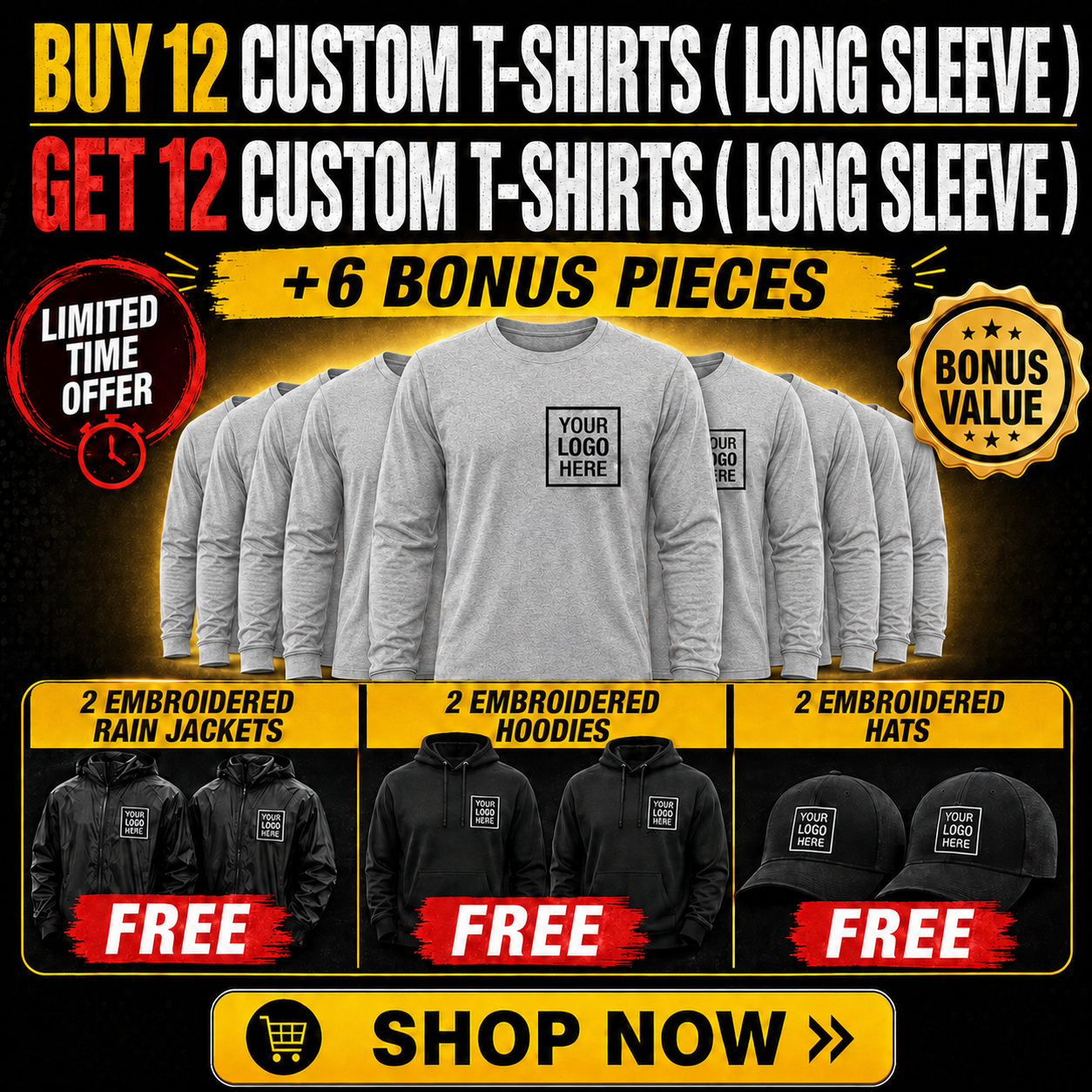 Buy 12 Custom Long Sleeve T-Shirts, Get 12 FREE + 6 Bonus Pieces | 30 Pieces of Custom Team Gear ($800 Value) — $649 | Free Shipping