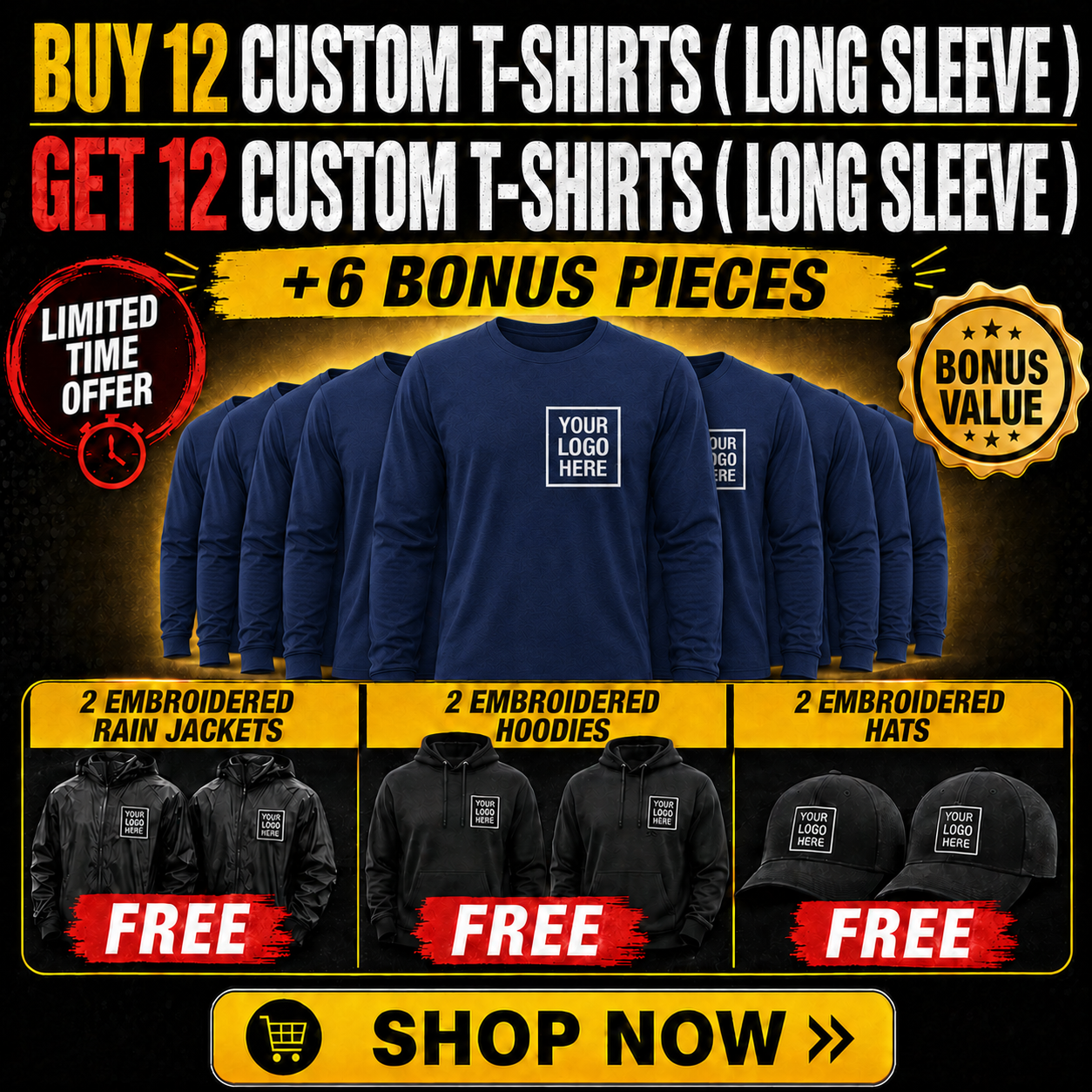 Buy 12 Custom Long Sleeve T-Shirts, Get 12 FREE + 6 Bonus Pieces | 30 Pieces of Custom Team Gear ($800 Value) — $649 | Free Shipping