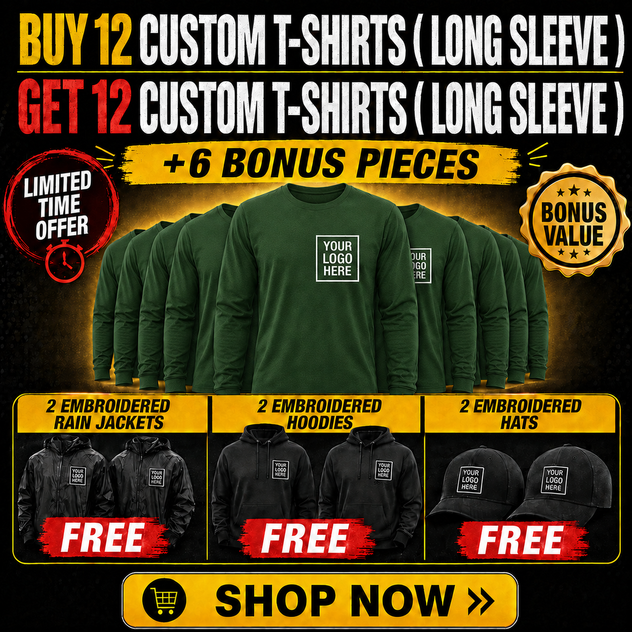 Buy 12 Custom Long Sleeve T-Shirts, Get 12 FREE + 6 Bonus Pieces | 30 Pieces of Custom Team Gear ($800 Value) — $649 | Free Shipping