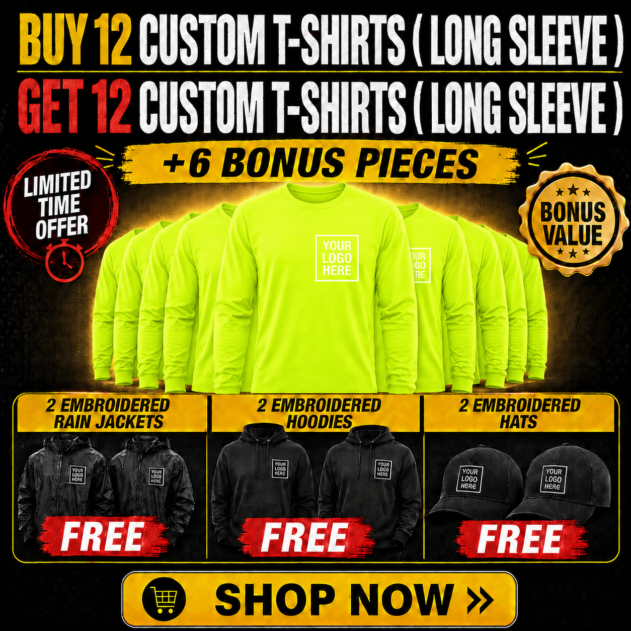 Buy 12 Custom Long Sleeve T-Shirts, Get 12 FREE + 6 Bonus Pieces | 30 Pieces of Custom Team Gear ($800 Value) — $649 | Free Shipping