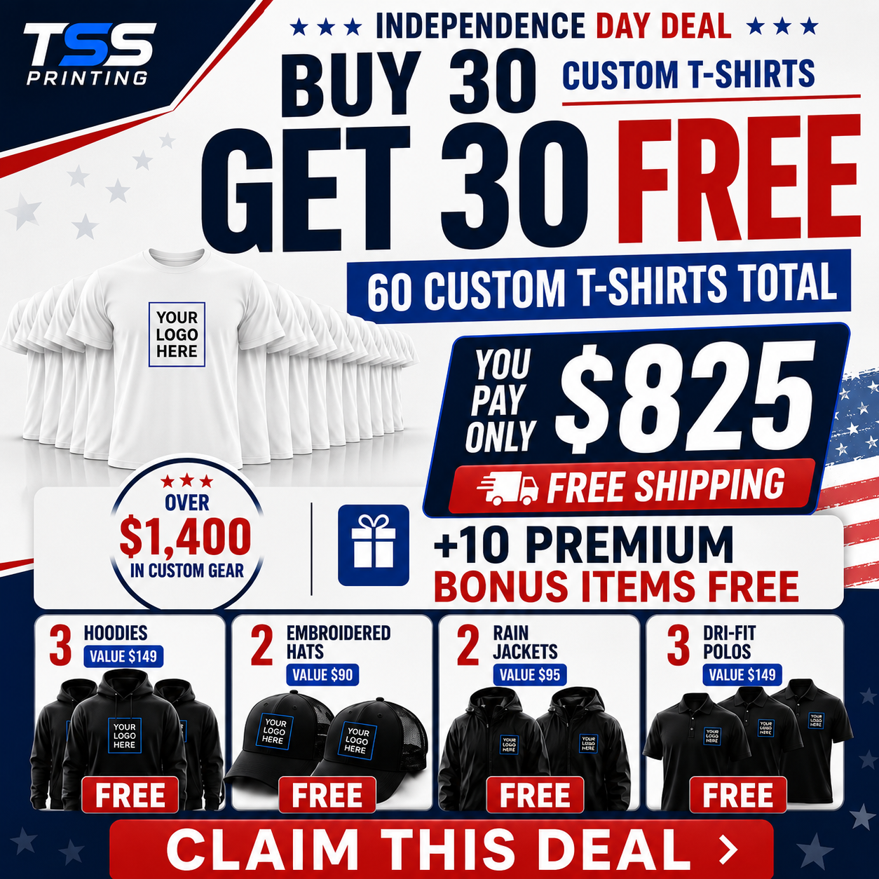 Buy 30 shirts. Get 30 free. + 10 more pieces + Free Shipping