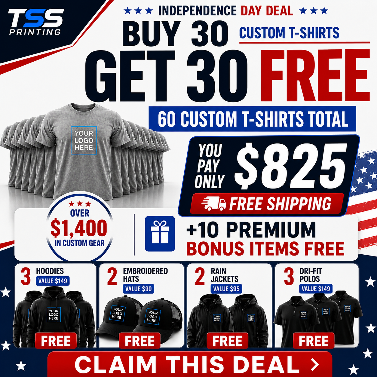 Buy 30 shirts. Get 30 free. + 10 more pieces + Free Shipping