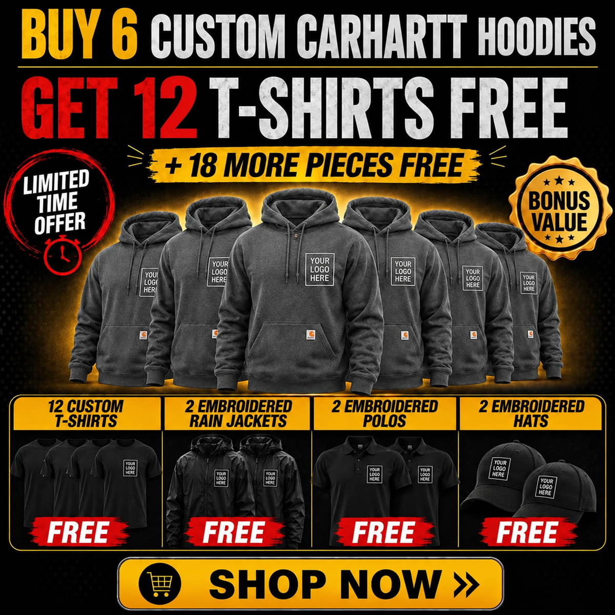 Buy 6 Carhartt Hoodies, Get 12 T-Shirts + 2 Polos + 2 Hats +2 Jackets FREE $895| Free Shipping