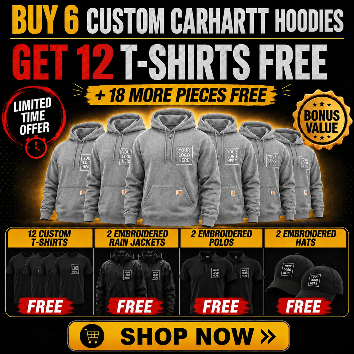 Buy 6 Carhartt Hoodies, Get 12 T-Shirts + 2 Polos + 2 Hats +2 Jackets FREE $895| Free Shipping
