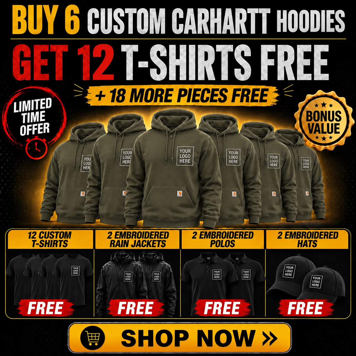 Buy 6 Carhartt Hoodies, Get 12 T-Shirts + 2 Polos + 2 Hats +2 Jackets FREE $895| Free Shipping