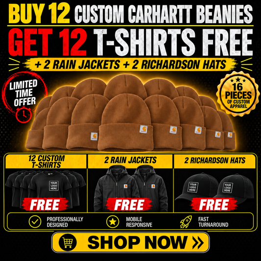 Buy 12 Custom Carhartt Beanies, Get 12 T-Shirts FREE +2 Rain Jackets +2 Richardson Hats | 28 Pieces of Custom Apparel $695| Free Shipping