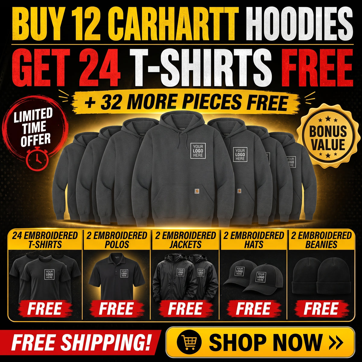 Buy 12 Carhartt Hoodies, Get 24 T-Shirts + 2 Polos  +2 Jackets + 2 Hats + 2 Beanies FREE | Free Shipping