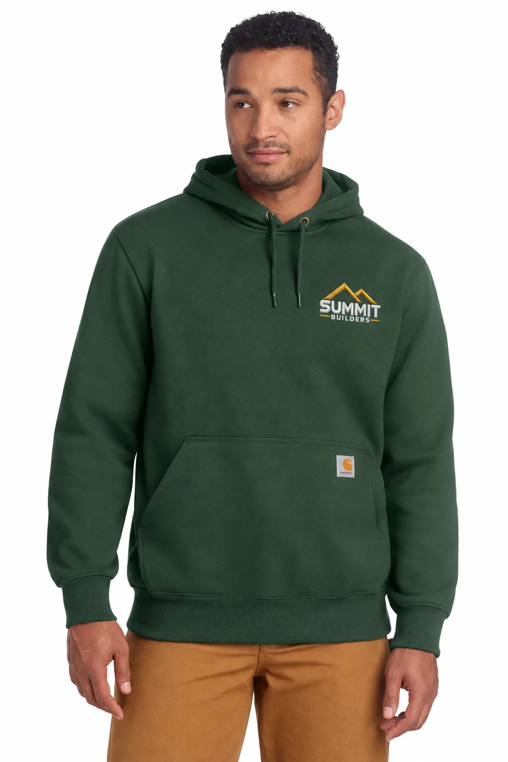 Illustrative Summit Builders embroidery mockup: Forestry Green Rain Defender Paxton heavyweight pullover hoodie