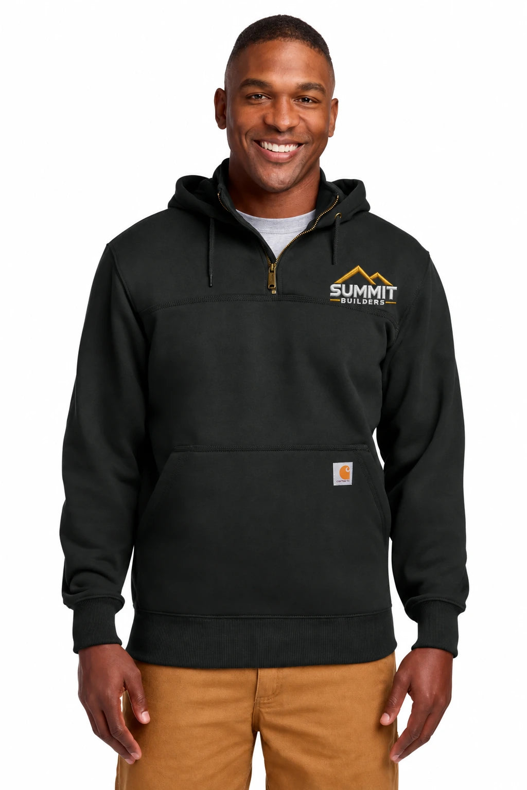 Illustrative Summit Builders embroidery mockup showing the Rain Defender Zip Mock sweatshirt worn