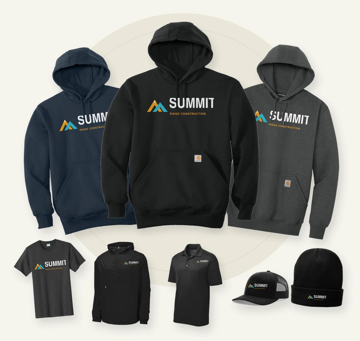 Original Carhartt hoodies and included T-shirts, rain jacket, polo, Richardson hat and beanie with an illustrative full-color Summit Ridge logo
