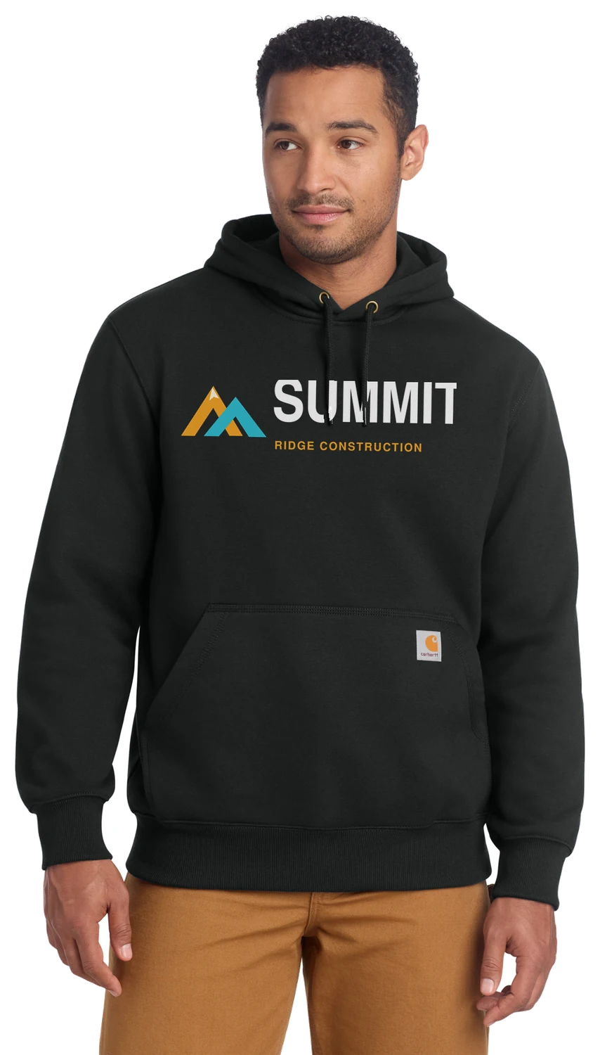 Model wearing the black Carhartt Rain Defender hoodie with a sample business logo