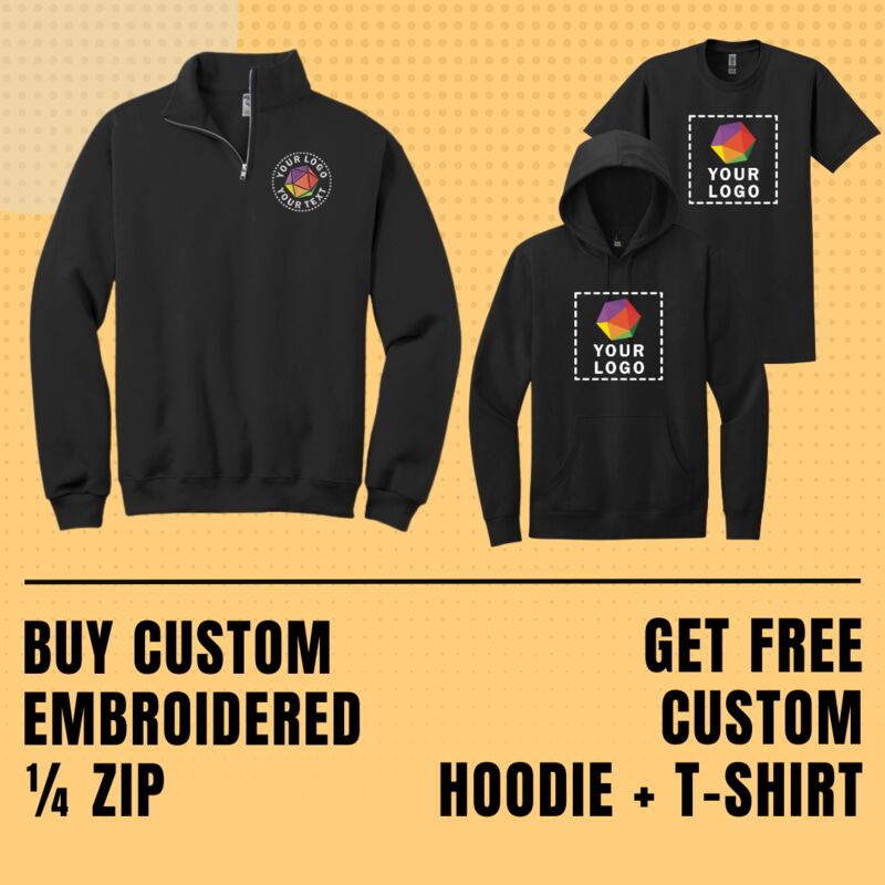 Buy Custom Embroidered 1/4 Zip Get Free Custom Hoodie + T-Shirt Thumbnail